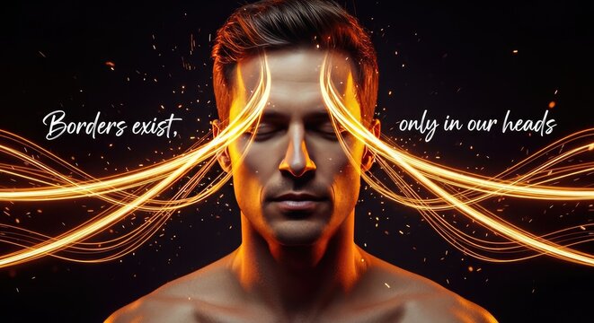 A conceptual image of a man's illuminated mind, symbolizing the power to transcend mental borders and unlock boundless inner potential
