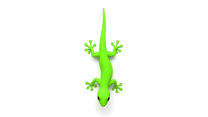 Fototapeta premium A vibrant green gecko clings upside down on a surface with its tiny feet.