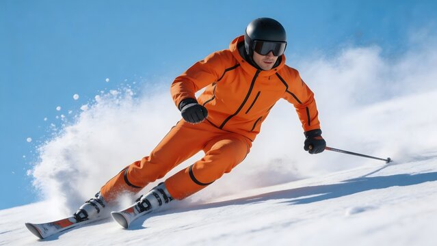Skier in orange suit on snowy slope