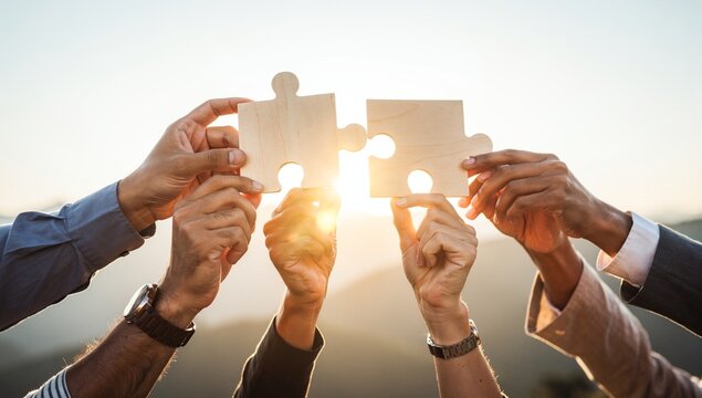 Team Building Concept with Wooden Jigsaw Pieces at Sunset