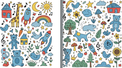 Obraz premium Kids doodle illustration vector set with animals rockets rainbow trees flowers toys stars nursery cartoon decorative elements collection