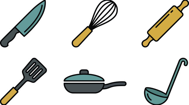 Cartoon Assorted Kitchen Utensils Icon Set.