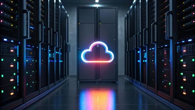 A glowing neon cloud icon in a dark data center aisle, symbolizing cloud computing and digital storage technology.
