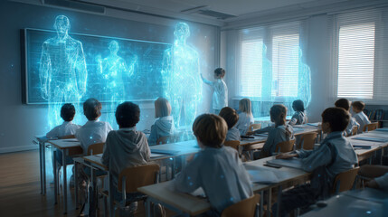 Fototapeta premium Futuristic classroom digital hologram tutor technology education immersive learning innovation
