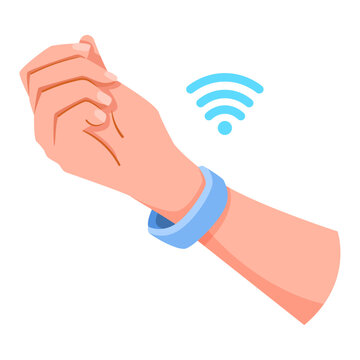 Hand with wearable showing contactless signal in flat style on white background, concept of payment method. Vector illustration