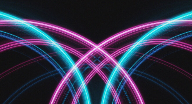 Vibrant pink and blue neon light lines intersect on a black background