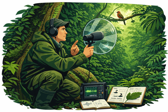 Bioacoustics Researcher Recording Bird Calls with Parabolic Microphone in Rainforest