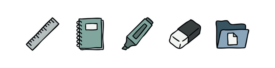 Fototapeta premium School and Study Icon Set - Ruler, Notebook, Marker, Eraser, and Folder Illustration