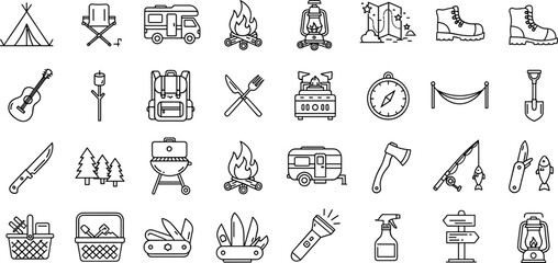 Camping and outdoor icon set with tent campfire hiking tools fishing gear and adventure symbols in outline style design © Munna graphics