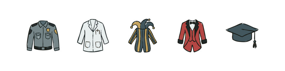 Naklejka premium Professional Career Icons Set with Jester Outfit Lab Coat Graduation Cap and Security Shirt