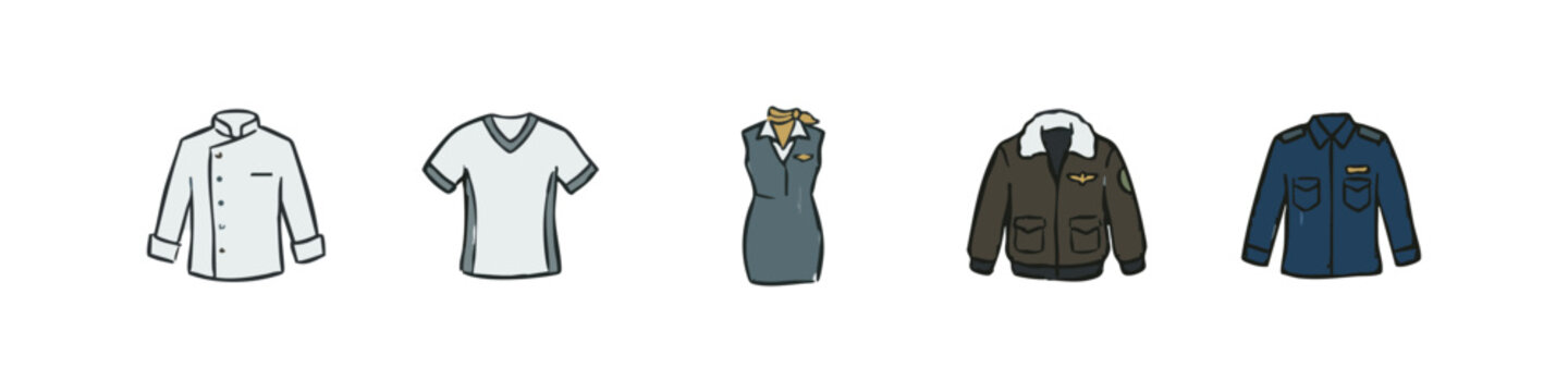 Vector Hand Drawn Clothing Icons with Chef Jacket Flight Attendant Uniform and Pilot Bomber