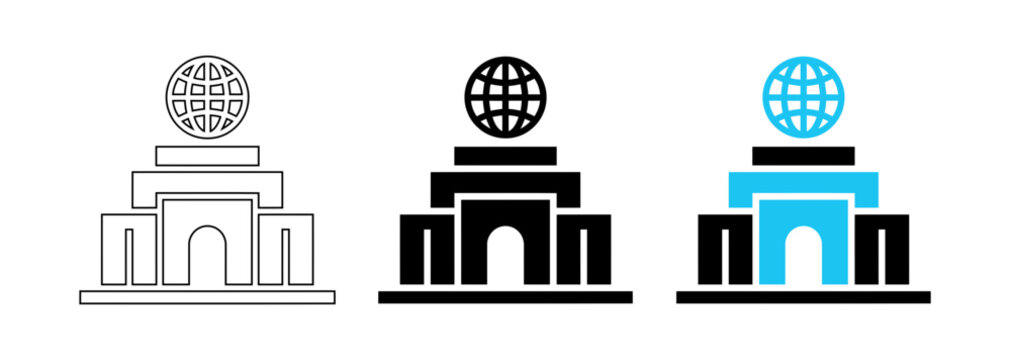 Global Government Building Icon Set with International Embassy and World Court Architecture Symbols