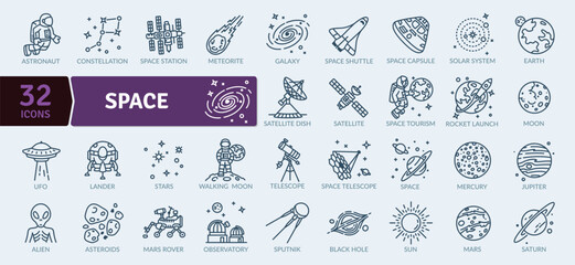 A set of 32 editable space icons in a minimalist line style © shtamim