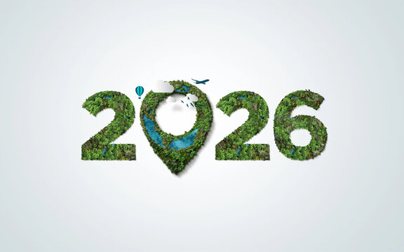 Green location 2026. New Year 2026 green tourism concept and save our planet and earth environment. World Tourism day.