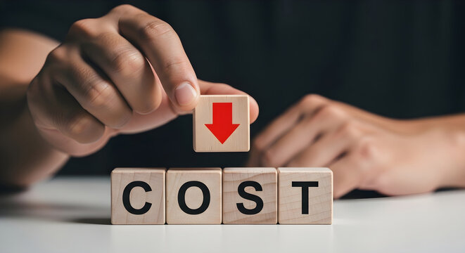 Hands arranging wooden blocks with cost and downward arrow on table