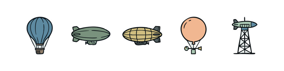 Vintage Aviation and Communication Icons with Hot Air Balloons, Blimps, and Radio Tower © liubomir118809