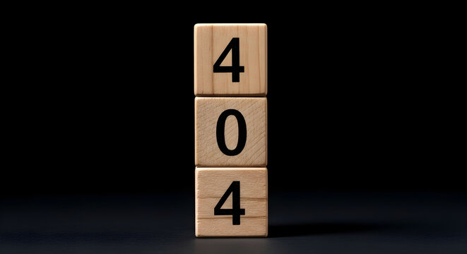 A stack of wooden blocks displaying error code 404 on a dark surface