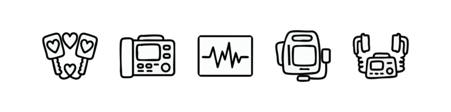 Black and white outline doodle icons of essential medical cardiology equipment: defibrillator paddles, AED, ECG, and Holter monitor.