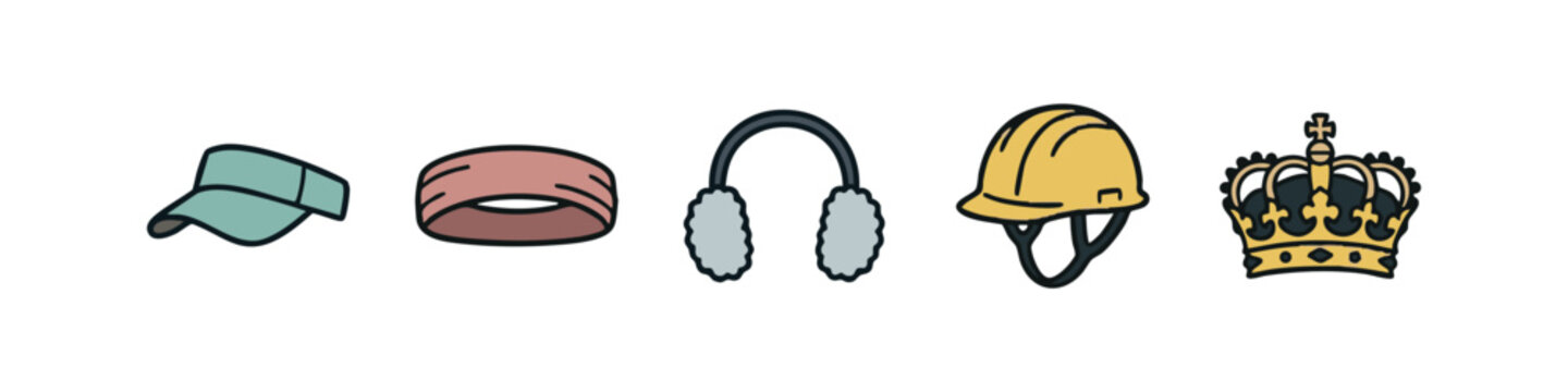 Vector icons of various head accessories and protective gear, from visors to crowns.