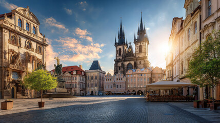 Fototapeta premium Spring morning on the Old Town square with Tyn Church. Sunny sityscape in capital of Czech Republic - Prague, Europe. Artistic style post processed photo.