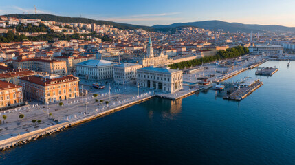 Obraz premium View from flying drone of quay of Trieste city, Italy, Europe. Panoramic morning view of Tourist attraction - Cruise Pier Trieste with Molo Teresiano on background. Traveling concept background.