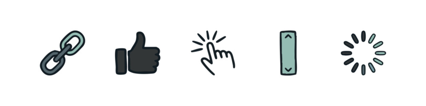 Hand drawn doodle icons representing interactive UI elements such as chain link, thumbs up, click, scroll, and loading spinner.