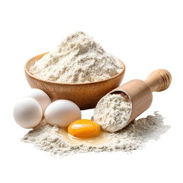 Fresh baking ingredients with flour, eggs, and rolling pin on wooden surface