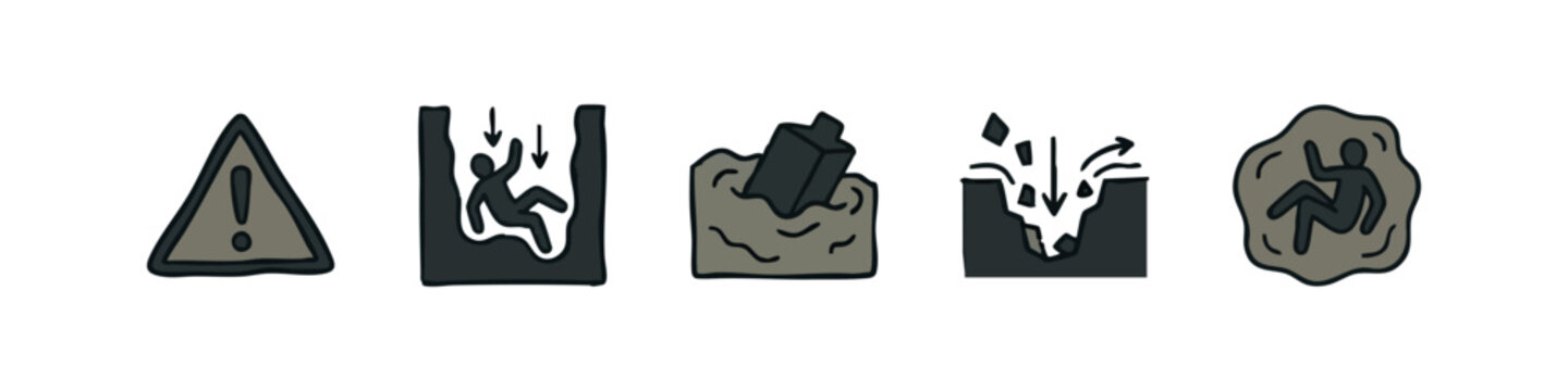 Hand drawn doodle icons for various falling and ground hazards: warning triangle, person falling, objects falling, and sinking.