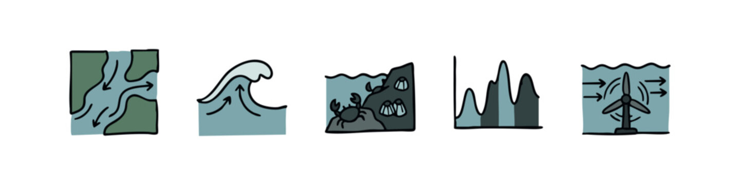 Hand drawn doodle icons related to marine science: river currents, ocean waves, marine life, topography, and tidal energy.