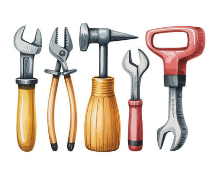 Watercolor Construction Labor Tools Clipart, DIY Repair Hand Tools Vector Illustration Isolated on White Background