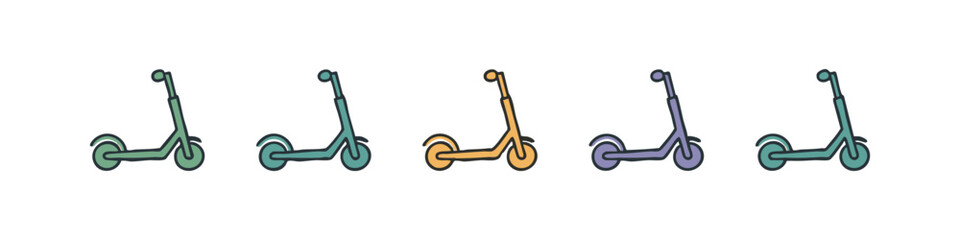 Colorful kick scooters in a row, isolated on white background. © liubomir118809