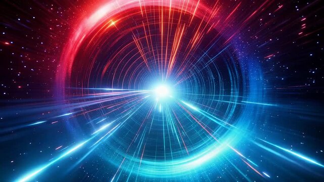 Abstract background of a wormhole or light speed travel through space with vibrant red and blue neon light streaks 4k video