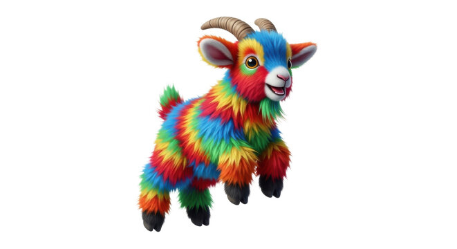 Rainbow colored baby goat with fluffy fur, vibrant multi-colored kid goat character, whimsical colorful farm animal for children's design isolated PNG with Transparent Background