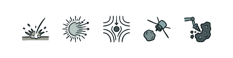 Collection of 5 hand-drawn icons depicting space impact and exploration: impact crater, solar flare, gravity, spacecraft and asteroid, mining robot © liubomir118809