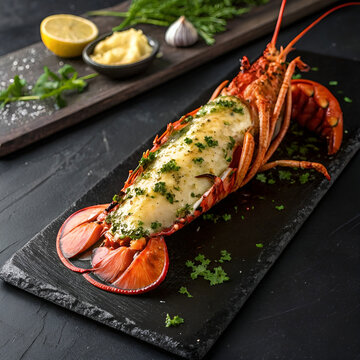 dramatic extreme closeup of whole grilled spiny lobster