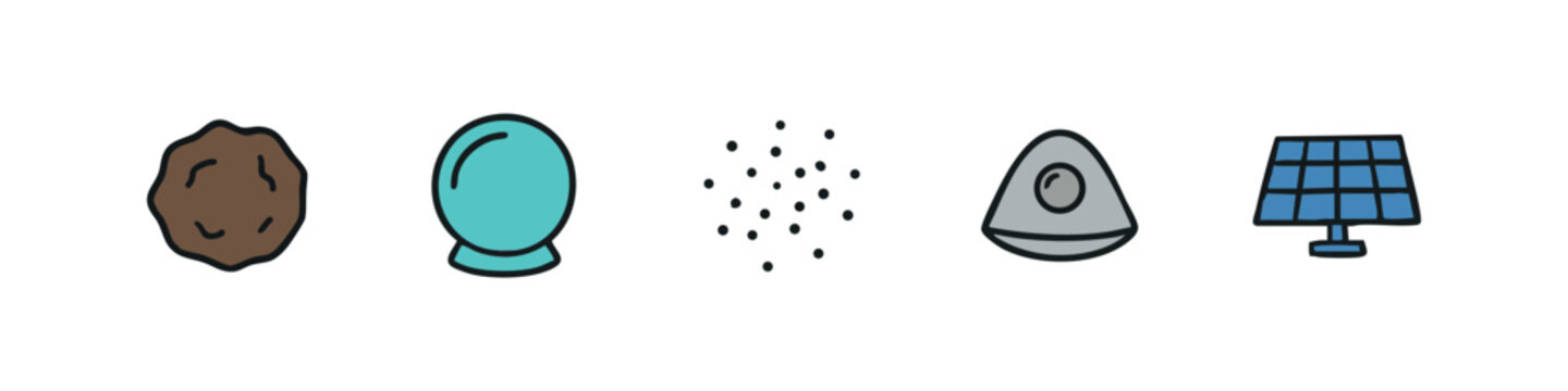 Set of 5 hand-drawn icons related to space and earth science: asteroid, crystal ball, particles, capsule, solar panel