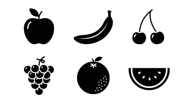 Black silhouette fruits apple banana cherry grapes orange watermelon on white background