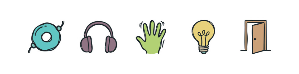 Hand Drawn Creative and Access Icons - Lightbulb, Headphones, Hand, and Door © liubomir118809