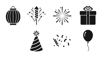 Naklejka premium Celebratory silhouettes party elements including fireworks gifts and balloons