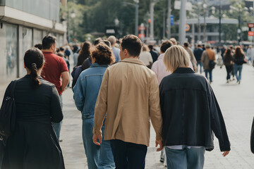 Fototapeta premium Crowd of people walking down a city street with daily life business district group of people