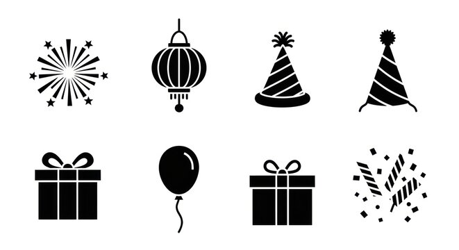 Celebration icons set black color isolated on white background festive symbols