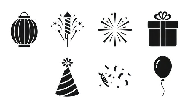 Celebratory silhouettes party elements including fireworks gifts and balloons