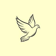 Fototapeta premium Elegant line art illustration of a flying dove, symbolizing peace and freedom, set against a soft, light yellow background
