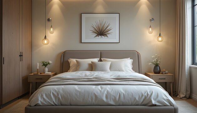 Modern cozy bedroom with soft lighting, minimal decor and comfortable bed with neutral tones