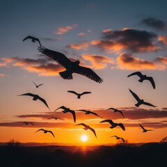 Fototapeta premium Flock of birds flying against vibrant sunset with orange clouds