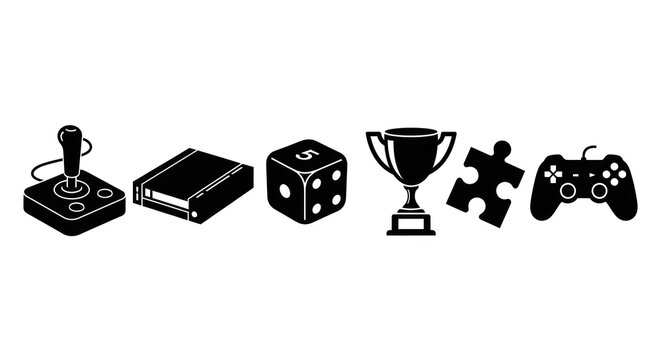 Gaming icons in black and white joystick dice trophy and more