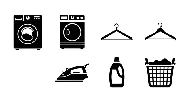 Laundry icons set washing machine dryer hangers iron detergent basket