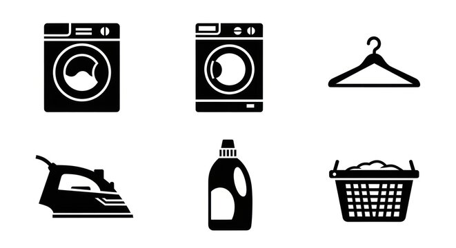 Laundry icons washing machine hanger iron detergent and laundry basket