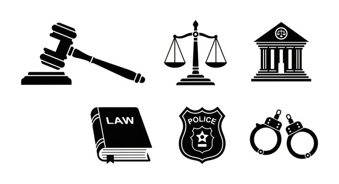 Legal justice icons gavel scales courthouse law book police badge handcuffs