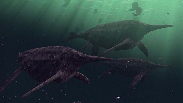4K 3D animation of a pod of Shonisaurus swimming through the deep prehistoric ocean, surrounded by ancient ammonites and shimmering schools of fish